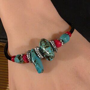 Gemstone Bracelet Turquoise Coral Black Velvet and Silver Tone Beads Style A